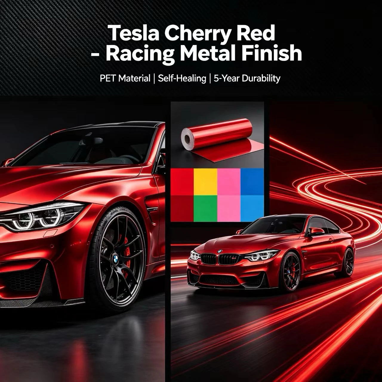 فيلم تغليف سيارات PET Tesla أحمر كرزي متعدد الطبقات، فينيل لامع عالي الجودة مطابق لألوان المصنع (OEM) لسيارة Tesla Model، مقاوم للعوامل الجوية والأشعة فوق البنفسجية