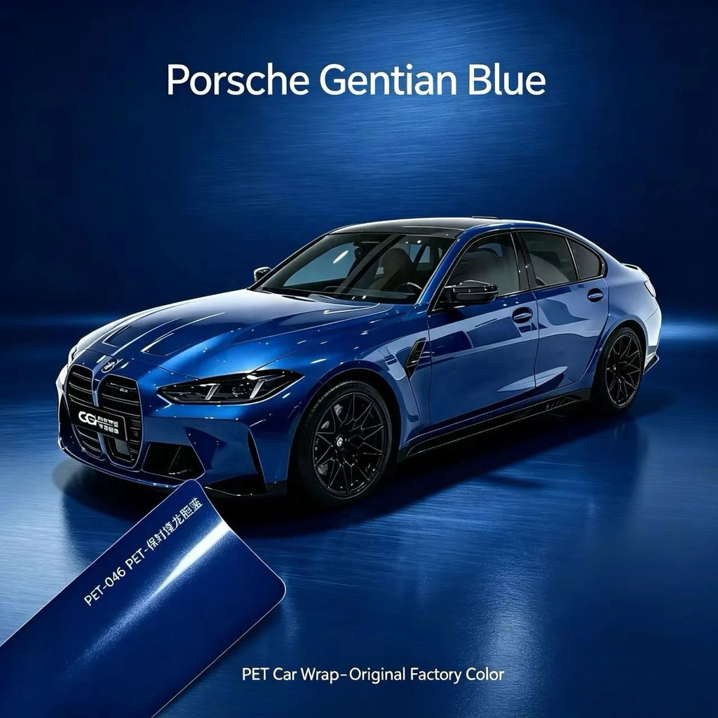 PET Porsche Gentian Blue Metallic Car Wrap Film, OEM Color Match PET Vinyl for Porsche Cayenne Macan, High Gloss Weatherproof