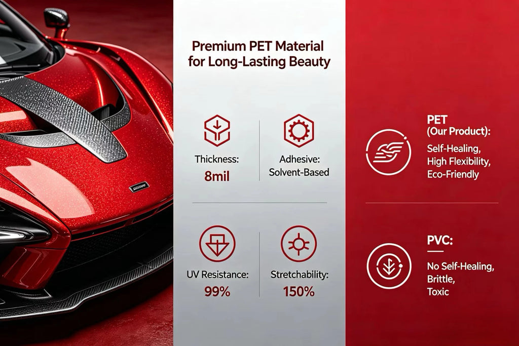 فيلم تغليف سيارات PET Tesla أحمر كرزي متعدد الطبقات، فينيل لامع عالي الجودة مطابق لألوان المصنع (OEM) لسيارة Tesla Model، مقاوم للعوامل الجوية والأشعة فوق البنفسجية