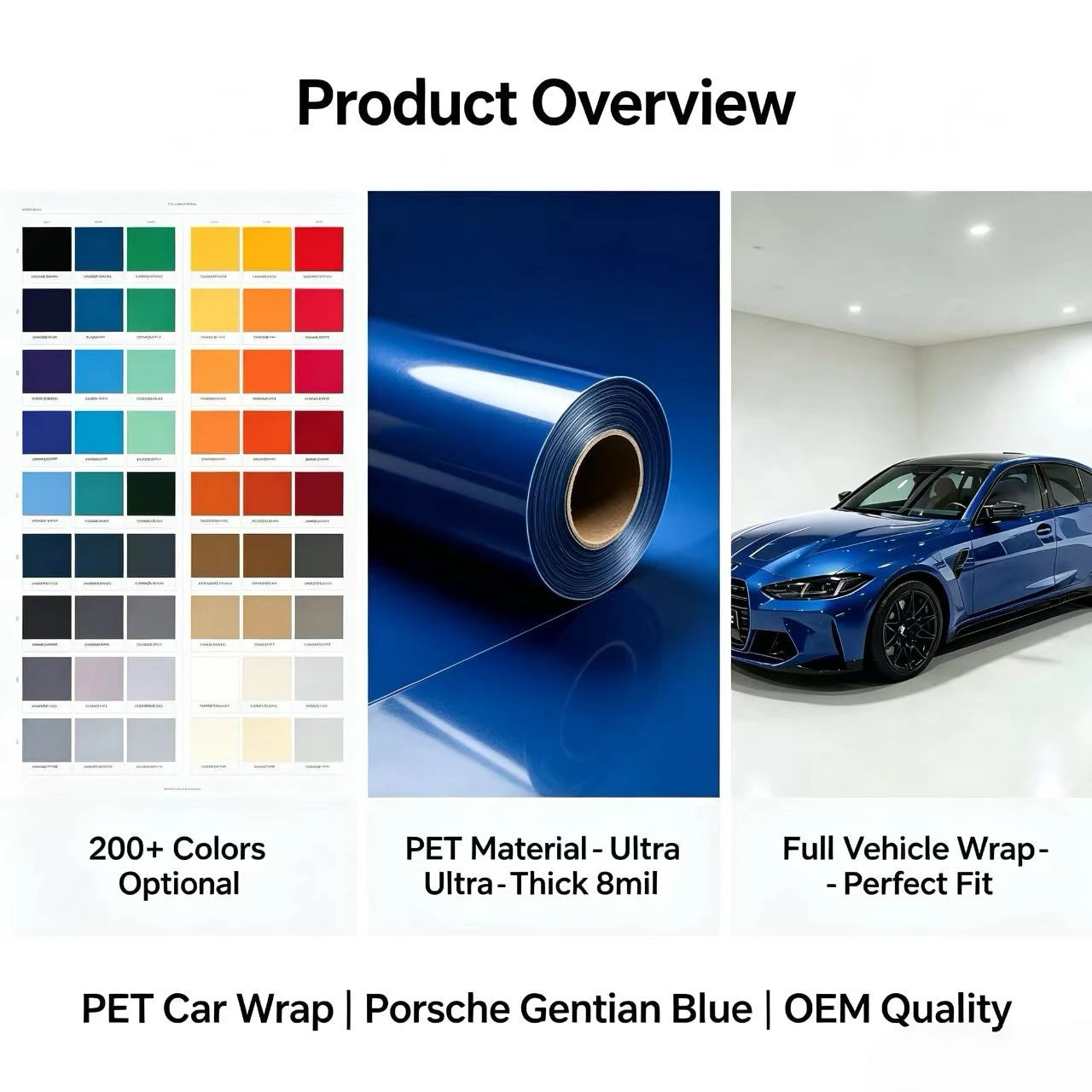 PET Porsche Gentian Blue Metallic Car Wrap Film, OEM Color Match PET Vinyl for Porsche Cayenne Macan, High Gloss Weatherproof