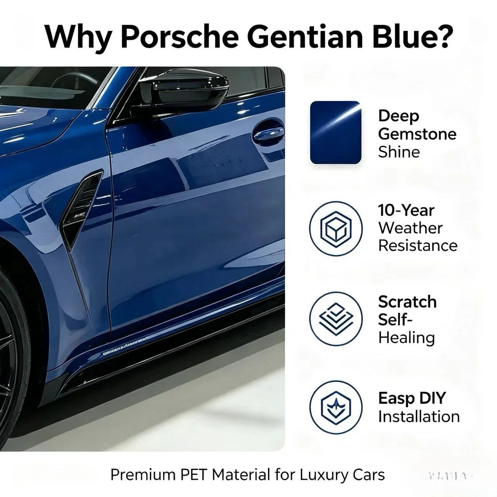 PET Porsche Gentian Blue Metallic Car Wrap Film, OEM Color Match PET Vinyl for Porsche Cayenne Macan, High Gloss Weatherproof