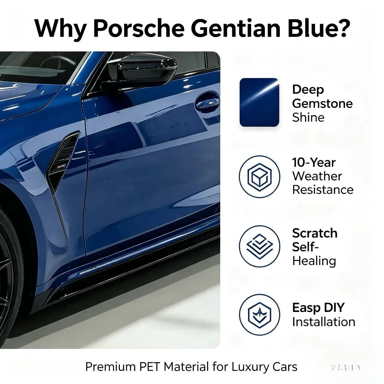 PET Porsche Gentian Blue Metallic Car Wrap Film, OEM Color Match PET Vinyl for Porsche Cayenne Macan, High Gloss Weatherproof