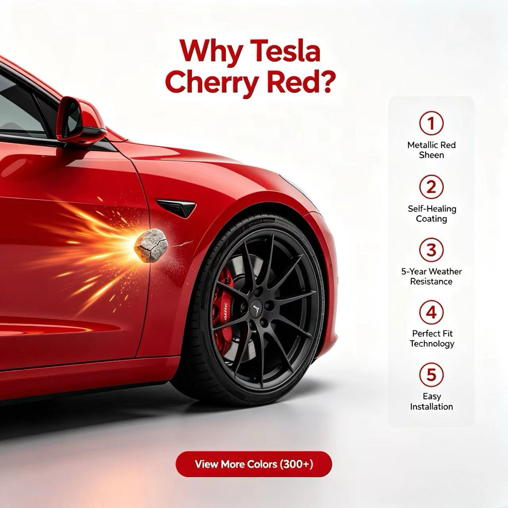 فيلم تغليف سيارات PET Tesla أحمر كرزي متعدد الطبقات، فينيل لامع عالي الجودة مطابق لألوان المصنع (OEM) لسيارة Tesla Model، مقاوم للعوامل الجوية والأشعة فوق البنفسجية
